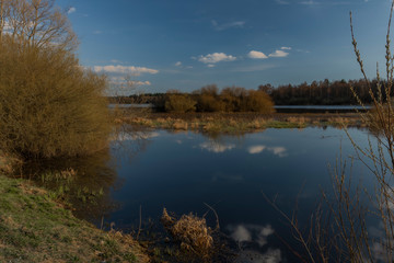 Fototapeta premium End of Lipno dam with dry grass in dry spring sunny day
