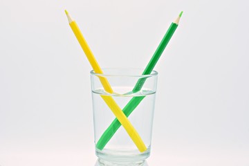 Lápices de color amarillo y verde, dentro de un vaso lleno de agua, explicación de la refracción...