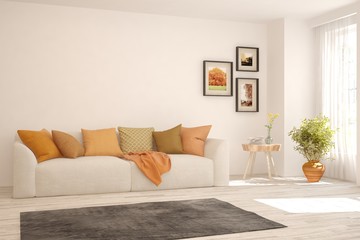 White living room with sofa. Scandinavian interior design. 3D illustration