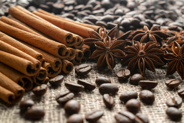 Coffee beans with spices cinnamon, anise
