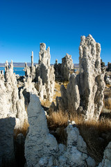 Mono Lake is a saline soda lake in Mono County, California known for its Tufa Towers or pillars of limestone formations.