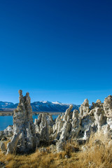 Mono Lake is a saline soda lake in Mono County, California known for its Tufa Towers or pillars of limestone formations.