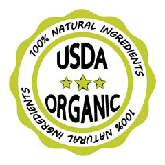 USDA organic. Green sign for organic, ecological product or food. Vector icon for product without GMO. Stamp with two Eco leaves and stars inside