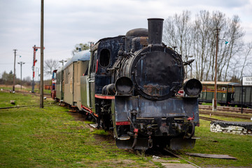 Lokomotywa parowa kolei wąskotorowej z wagonami - obrazy, fototapety, plakaty