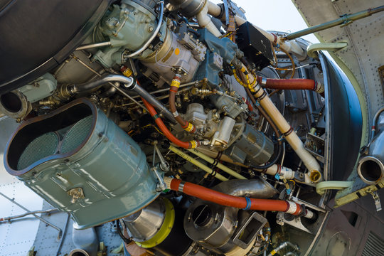 BERLIN, GERMANY - MAY 21, 2014: Turboprop engine Rolls-Royce Tyne Rty.20 Mk 22 (close-up) of a aircraft Transall C-160. German Air Force. Exhibition ILA Berlin Air Show 2014