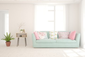 White living room with sofa. Scandinavian interior design. 3D illustration