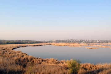 Obraz premium A beautiful view of the river with reeds, on the other side of which houses are located.