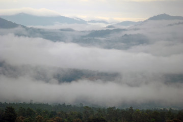 View landscape with silhouettes of mountains range with mist or covered by heavy fog