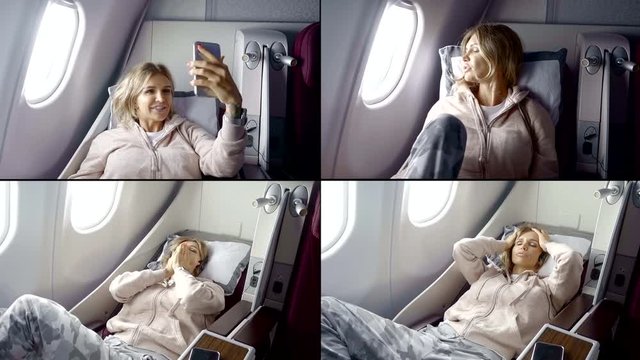 Collage a girl is in the business class of an airplane at the window on a comfortable bed on a pillow, she takes a selfie on the phone, leans on the pillow, fell asleep with headphones in her ears.