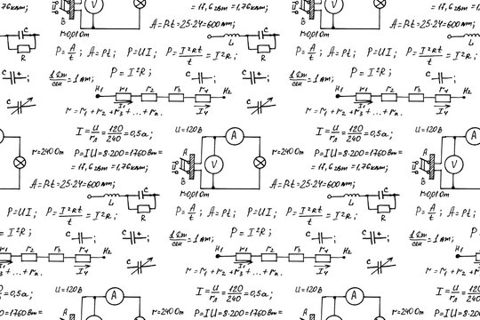 Physics, electronic engineering, mathematics equation and calculations, endless hand writing. Vector whiteboard. Scientific vintage seamless pattern.