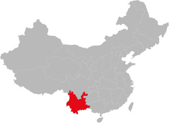 Yunnan province highlighted on china map. Gray background.