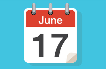 June 17 - Calendar Icon - Vector Illustration. Red desk paper summer month of June 17 date. Summer June 17