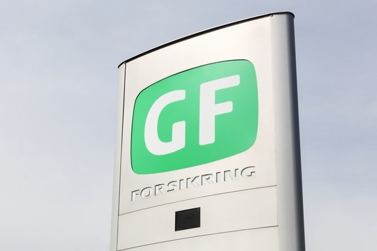 Horsens, Denmark - May 22, 2016: GF insurance sign on a panel. GF Insurance is among the 10 largest insurance companies in Denmark