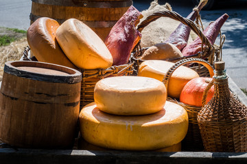 Set of products round cheese, vintage wine and jamon.