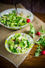 Spring salad from early vegetables, lettuce leaves, radishes and herbs in a plate on the table
