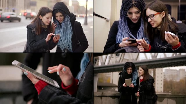 A collage, a portrait of two girls friends, they look at a smartphone, take photos on the street on a tablet and view it. One girl has glasses and the other has blue dreadlocks.