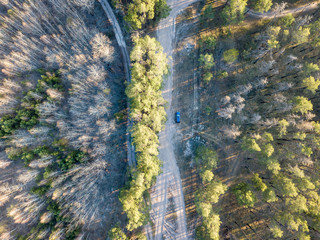 One isolated car on a road in a forest. Aerial drone view.
