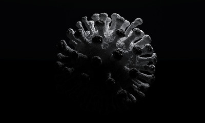 Virus dramatic look from the dark. Close-up of coronavirus cells or bacteria molecule. Flu, view of...