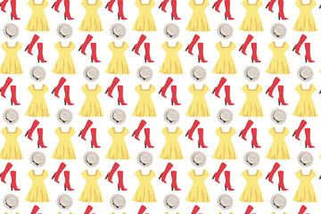 Obraz premium Bright clothes pattern. Dress, hat and boots on a white background