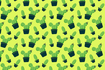 Cactus in pots. Green plants on a yellow background