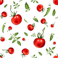 Seamless hand drawn watercolor pattern with tomatoes. Can be used for fabric, wrapping paper, scrapbooking, as wallpaper, banner, background and other design.