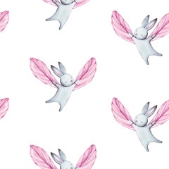 Schattig naadloze patroon aquarel cartoon konijntje met roze vleugels. Zomer illustratie. Voor babytextiel, stof, print en behang.