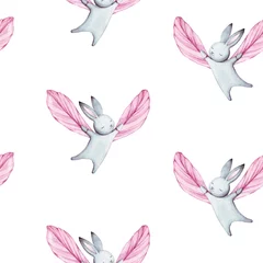 Tapeten Aquarell-Set 1 Nettes nahtloses Musteraquarellkarikaturhäschen mit rosa Flügeln. Sommer-Abbildung. Für Babytextilien, Stoffe, Drucke und Tapeten.
