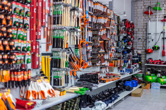 in a large hardware store, a tool department for carpentry and carpentry. drills and drills Belarus, Minsk, April 11, 2020.