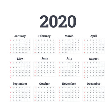 Calendar 2020 vector basic grid. Simple design template