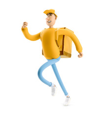 Express delivery concept. 3d illustration. Cartoon character. Delivery guy is running to take a rush order in yellow uniform stands with the big bag. 
