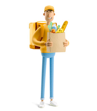 3d Illustration. Cartoon Character. Delivery Guy With Grocery Bag In Yellow Uniform Stands With The Big Bag.