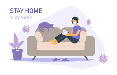Stay home banner template. Woman sitting on sofa with tab, houseplant, cat, viruses. Quarantine or self-isolation. Health care concept.  Global viral epidemic or pandemic. Flat vector illustration