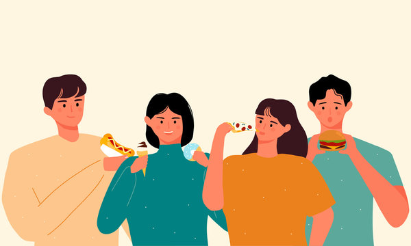 International no diet day illustration. group young people eating junk food or fast food. people with different delicious food. Celebrate World Food Day. man and woman eat unhealthy foods