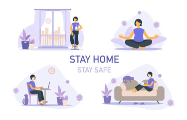 Fototapeta premium Set of Stay home banner template. Woman with cup, houseplant, sofa, balcony, city. Quarantine or self-isolation. Health care concept. Global viral epidemic or pandemic. Flat vector illustration
