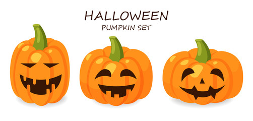 Hello halloween, big set pumpkin emotion, halloween banner, isolated pumpkin horror, october party card vector illustration