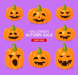 Hello halloween, big set pumpkin emotion, halloween banner, isolated pumpkin horror, october party card vector illustration