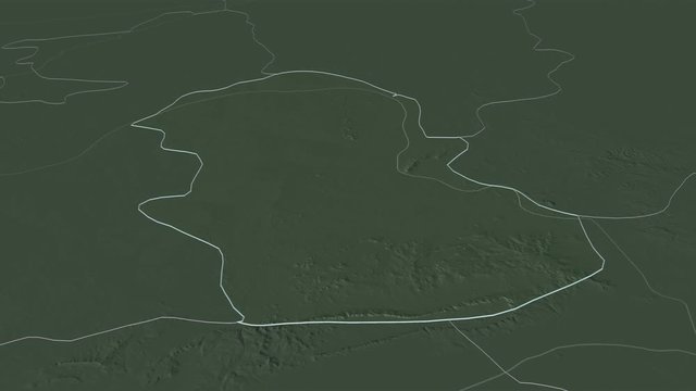 Gombe, state with its capital, zoomed and extruded on the administrative map of Nigeria in the conformal Stereographic projection. Animation 3D
