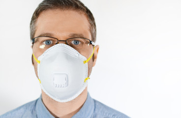Man in medical mask. Place for your text.