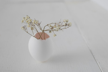 An empty egg is used instead of a vase. Baby's breath in an egg on a gray wooden table