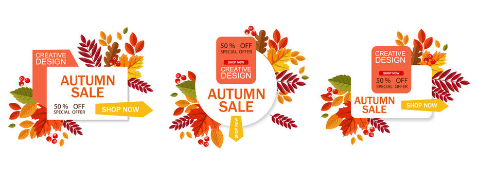 Hello autumn, autumn leaves flat, colored leaves isolated, autumn elements, autumn banner, sale banner set vector illustration
