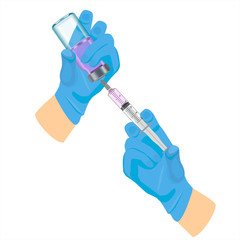 A blue-gloved medical nurse draws an ampoule into a syringe. Medical vaccination against coronavirus flu concept. Injection bottle for medical glass vials.
