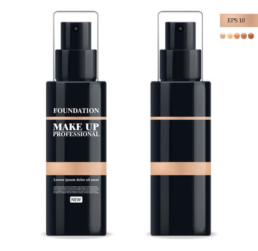 Foundation Realistic, Make Up Cosmetics, Professional, Black Bottle 3d Package, Five Color Vector Illustration