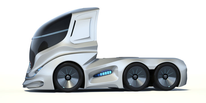 3D rendering of a brand-less generic concept truck. Electric autonomous truck on white background