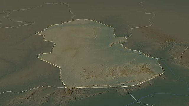 Gombe, state with its capital, zoomed and extruded on the relief map of Nigeria in the conformal Stereographic projection. Animation 3D