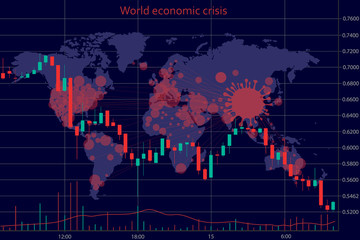 Vector stock market illustration. Economic crisis. Changes in the stock market are caused by a pandemic (coronavirus, nCov). Forex trading graph in graphical form. Financial investments. World map. 