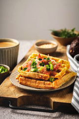 belgian waffles bacon and onions, coffee, tasty breakfast, close-up