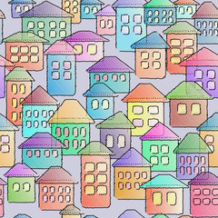 Fabulous children's houses, seamless pattern. Cartoon design for poster, fabric, invitation background, book cover.