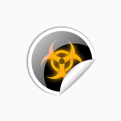 Sticker biohazard sign. Symbol of biohazard threat alert. Vector illustration isolated on bright background. Round adhesive sticker with white highlight and black shadow.