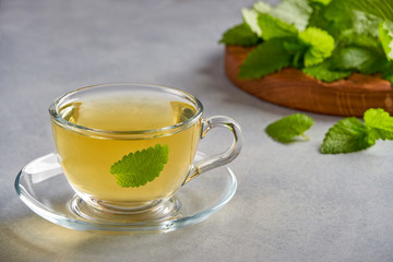 Fresh natural  melissa herbal tea in glass cup.