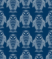 Cute owls, white drawing on dark blue night background, seamless patterns, textile design, wrapping paper, fabric ornament, vector concept